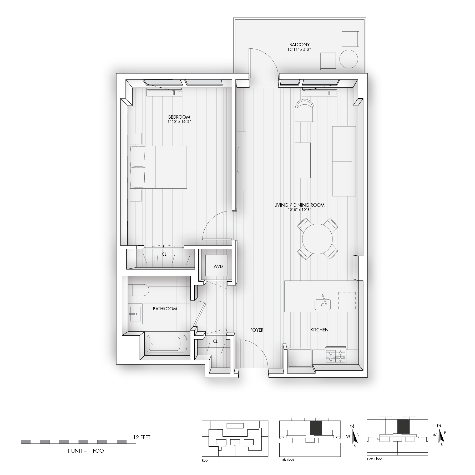 Floor plan for 1 bed, 1 bath, 705 sqft